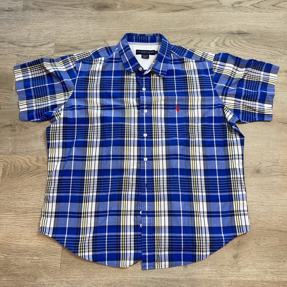 Men's US POLO ASSN Short Sleeve BLUE CHECK Plaid Button Down Shirt XL Red Logo